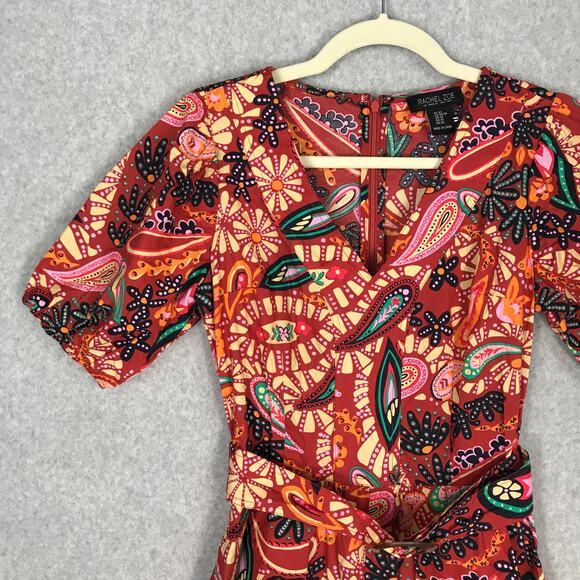 Rachel Zoe Romper Womens XS Red Paisley Belt‎ Puff Tropical Boho Resort Coastal - Picture 2 of 12